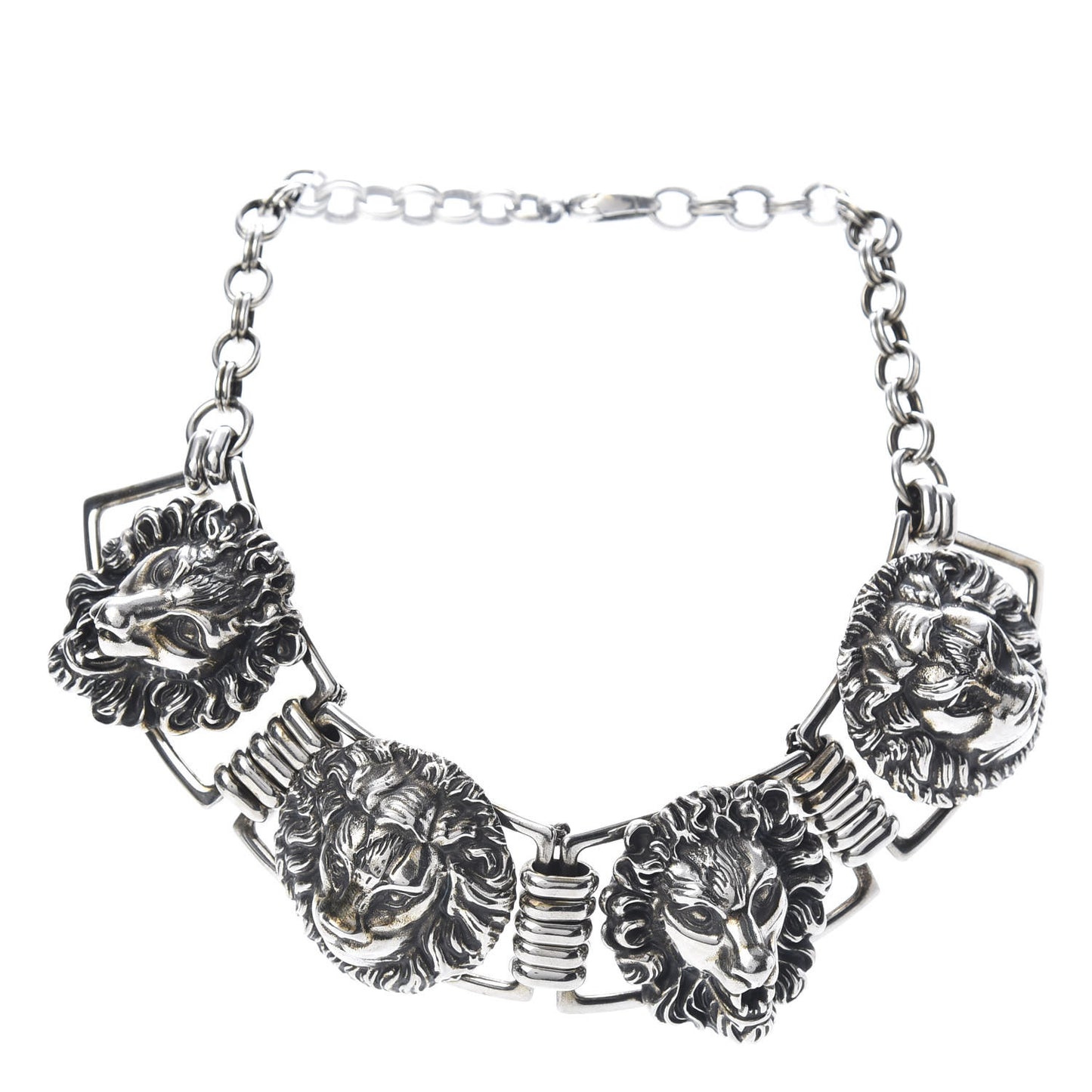 Metal Lion Heads Necklace Aged Silver