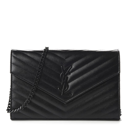 Saint Laurent Grain De Poudre Matelasse Chevron Monogram Chain Wallet Black 1 of 10