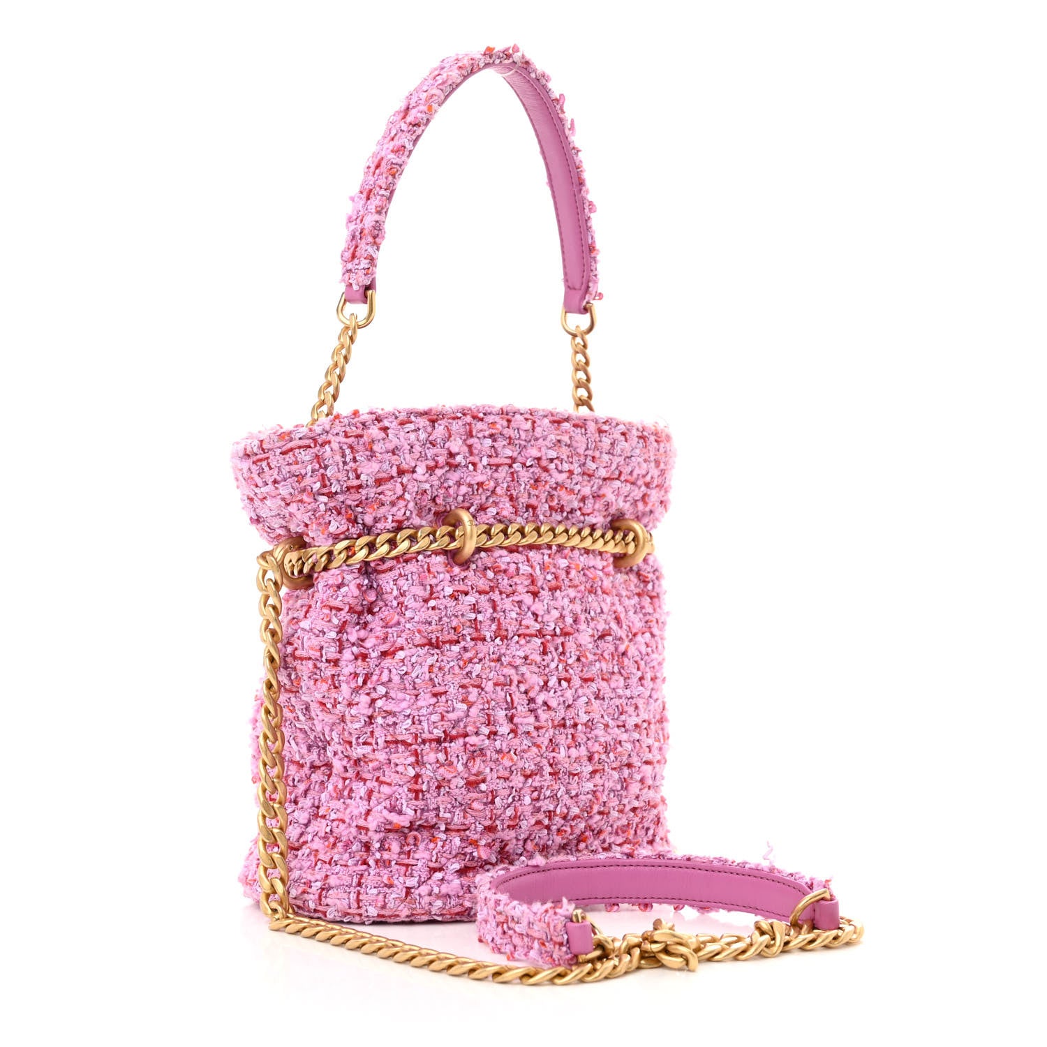 Chanel Tweed Enamel Quilted Pending CC Bucket Drawstring Bag Light Purple Pink Red 3 of 10