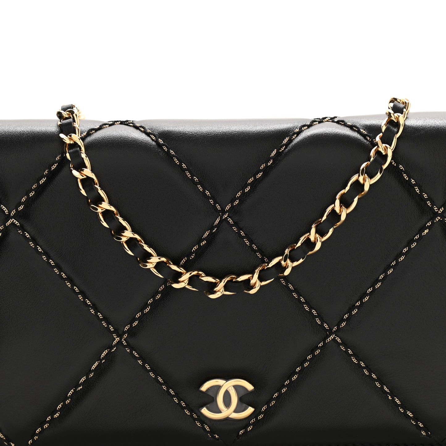 Lambskin Double Stitch Quilted Wallet On Chain WOC Black