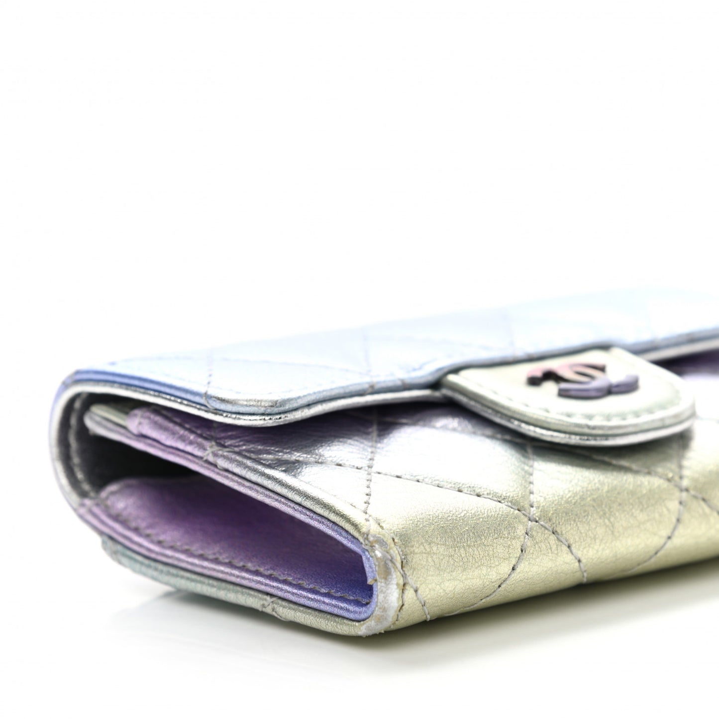 Gradient Metallic Calfskin Quilted Flap Card Holder Wallet Silver Blue Yellow Purple