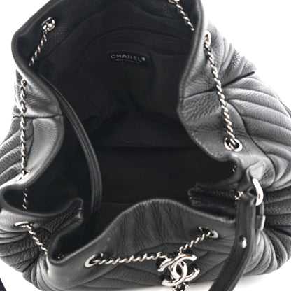 Chanel Deerskin Chevron Large CC Chain Bucket Drawstring Bag Black 5 of 9