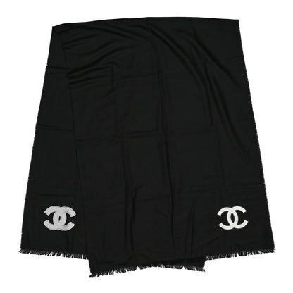 Chanel Cashmere Silk CC Logo Stole Black White 3 of 4