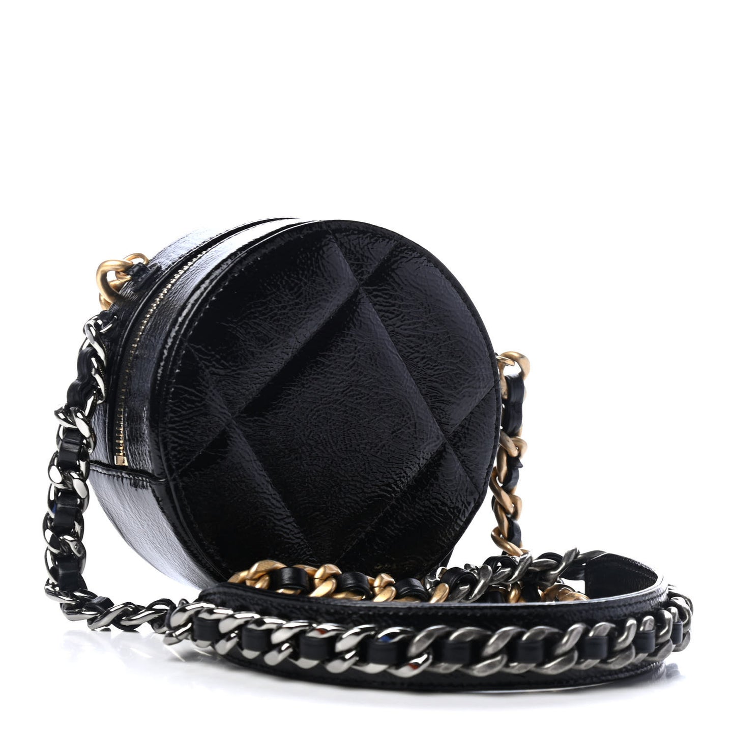Shiny Crumpled Calfskin Quilted Chanel 19 Round Clutch With Chain Black