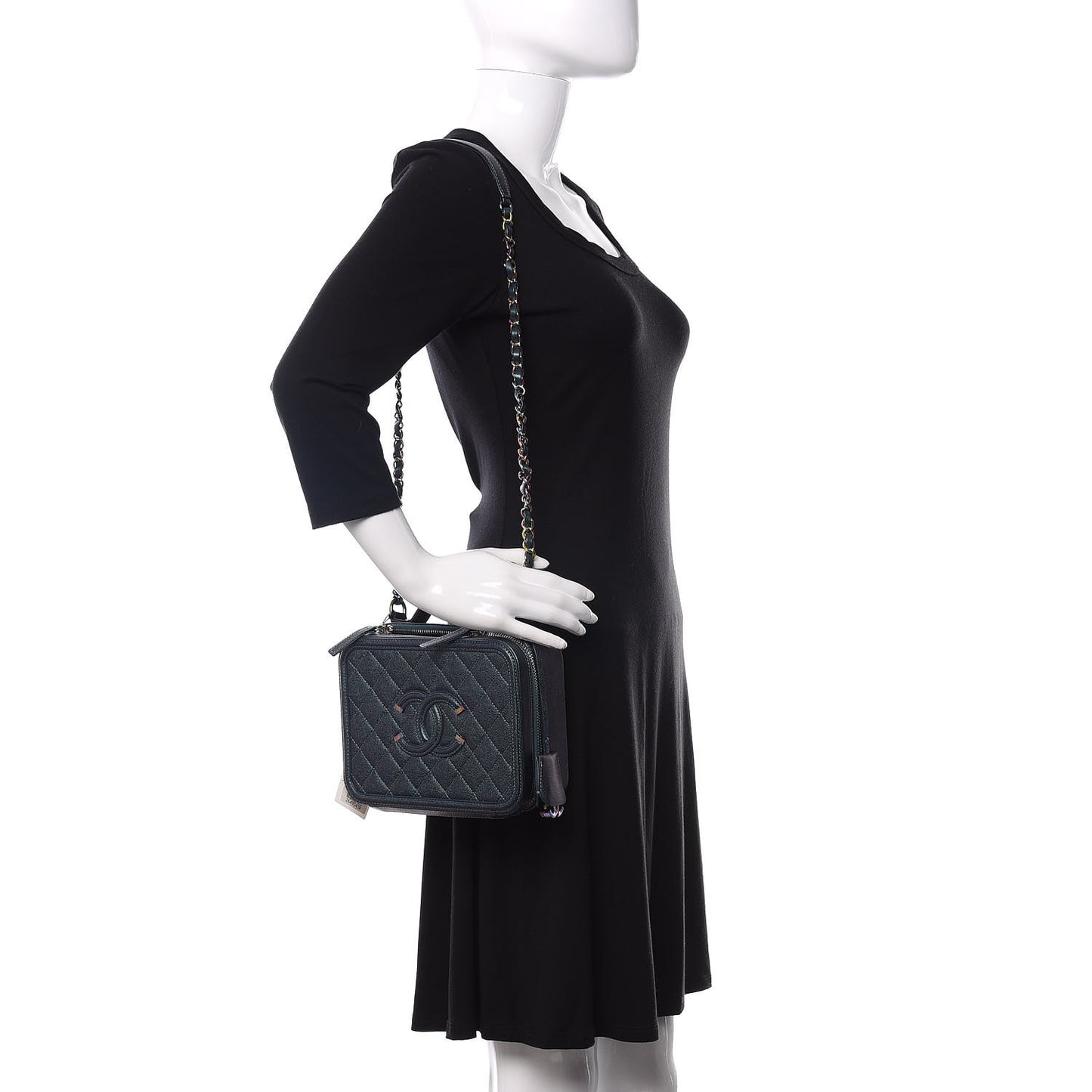 Iridescent Caviar Quilted Medium CC Filigree Vanity Case Dark Turquoise