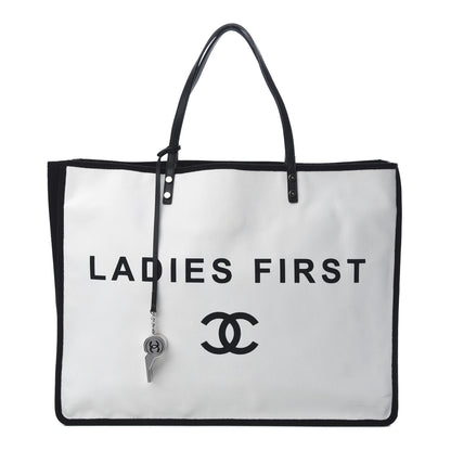 Chanel Canvas Calfskin Large Let's Demonstrate Tote White Black 1 of 10