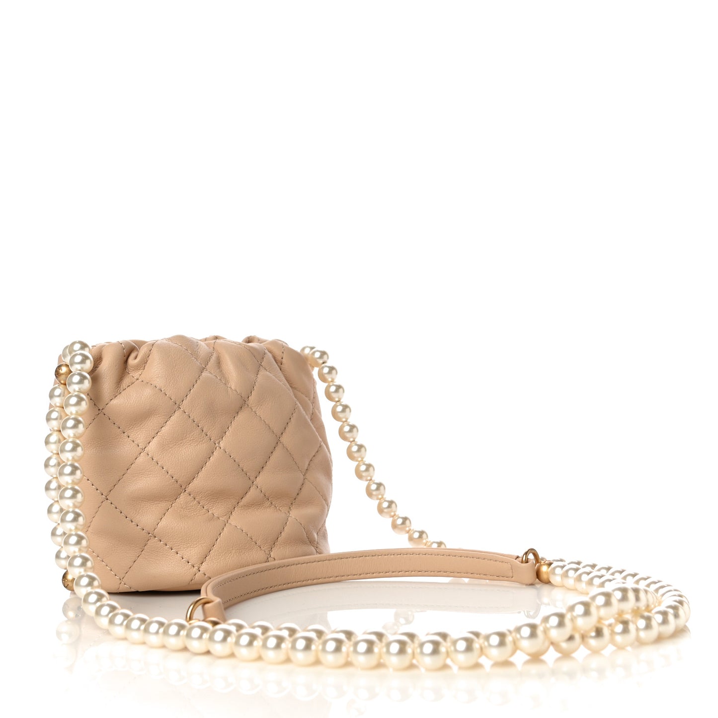 Calfskin Quilted Pearl Mini About Pearls Drawstring Bucket Bag Beige