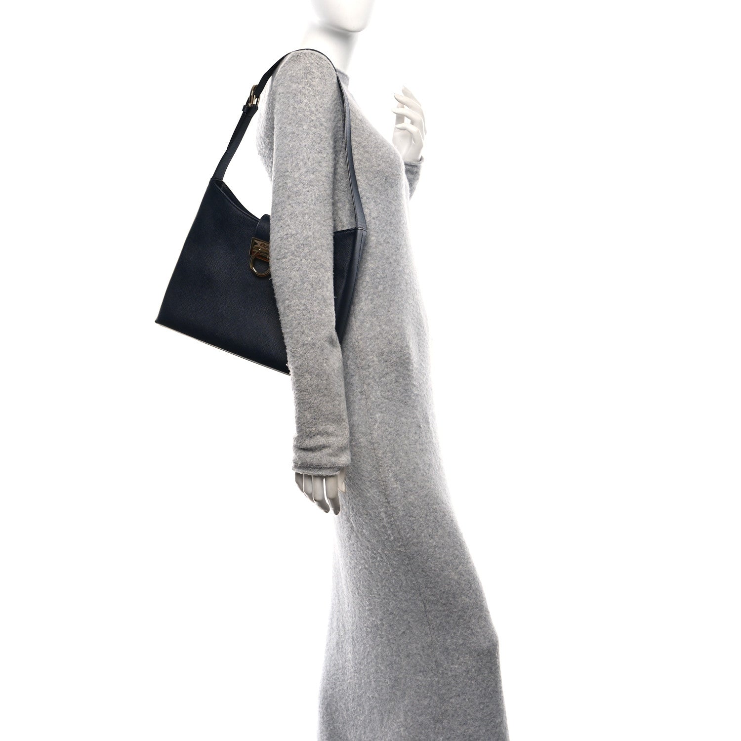 Salvatore Ferragamo Hammered Calfskin Trifolio Shoulder Bag Navy 2 of 9