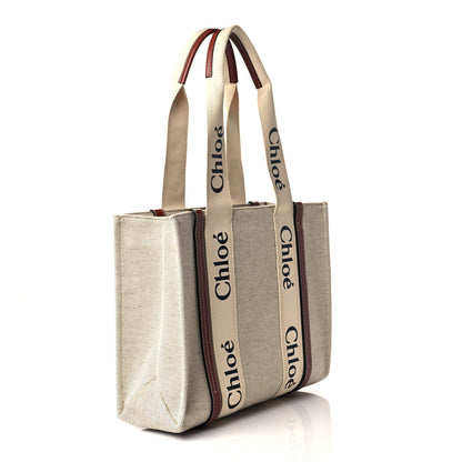 Chloe Cotton Calfskin Large Woody Ribbon Tote White Brown 3 of 11