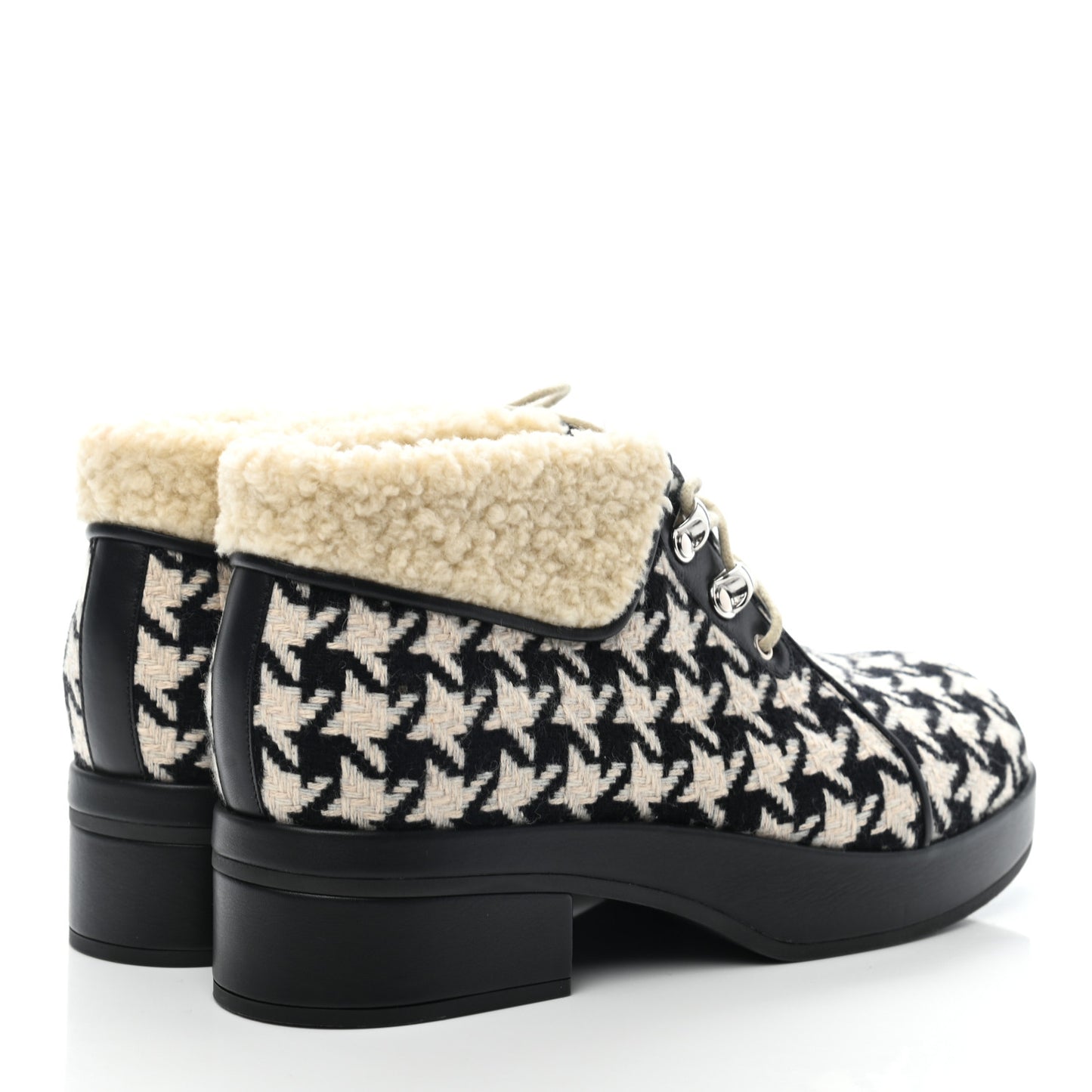 Optical Tweed Faux Shearling Houndstooth Victor Lace Up Ankle Boots 39.5 White Black