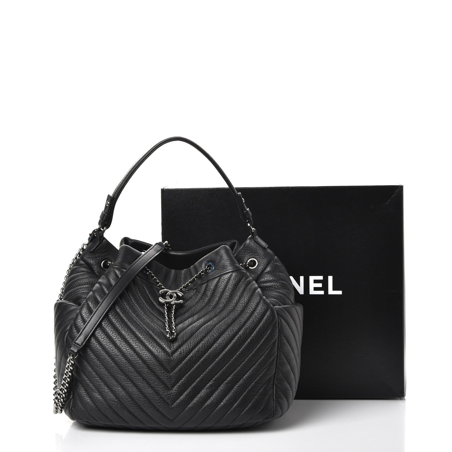 Chanel Deerskin Chevron Large CC Chain Bucket Drawstring Bag Black 8 of 8