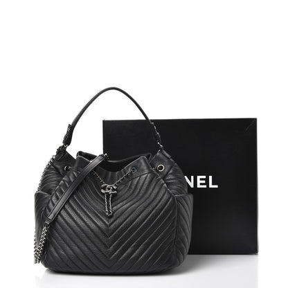 Chanel Deerskin Chevron Large CC Chain Bucket Drawstring Bag Black 8 of 8