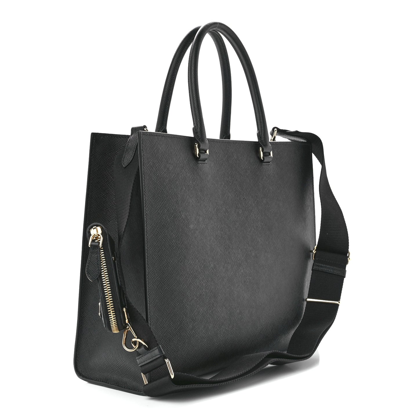 Saffiano Lux Logo Embossed Large Shoulder Tote Handbag Black