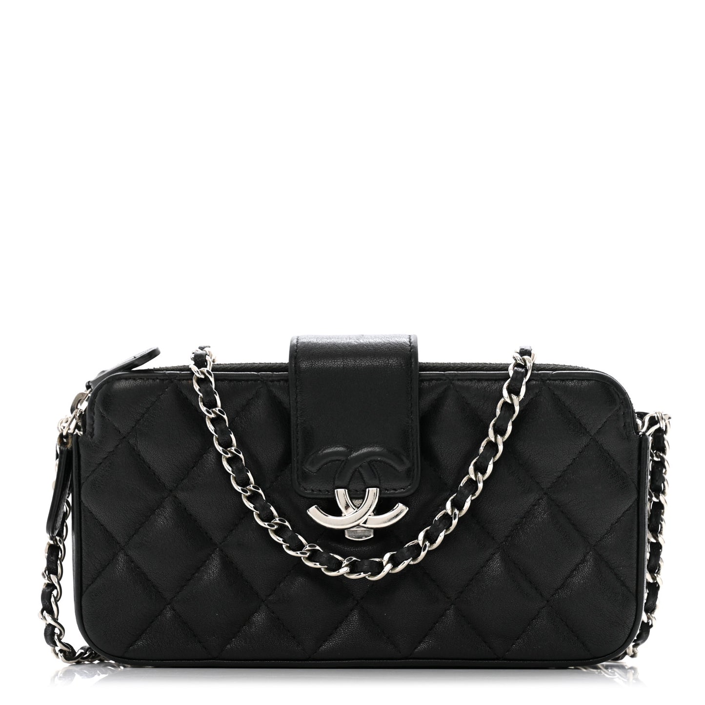 Lambskin Quilted CC Box Clutch With Chain Black