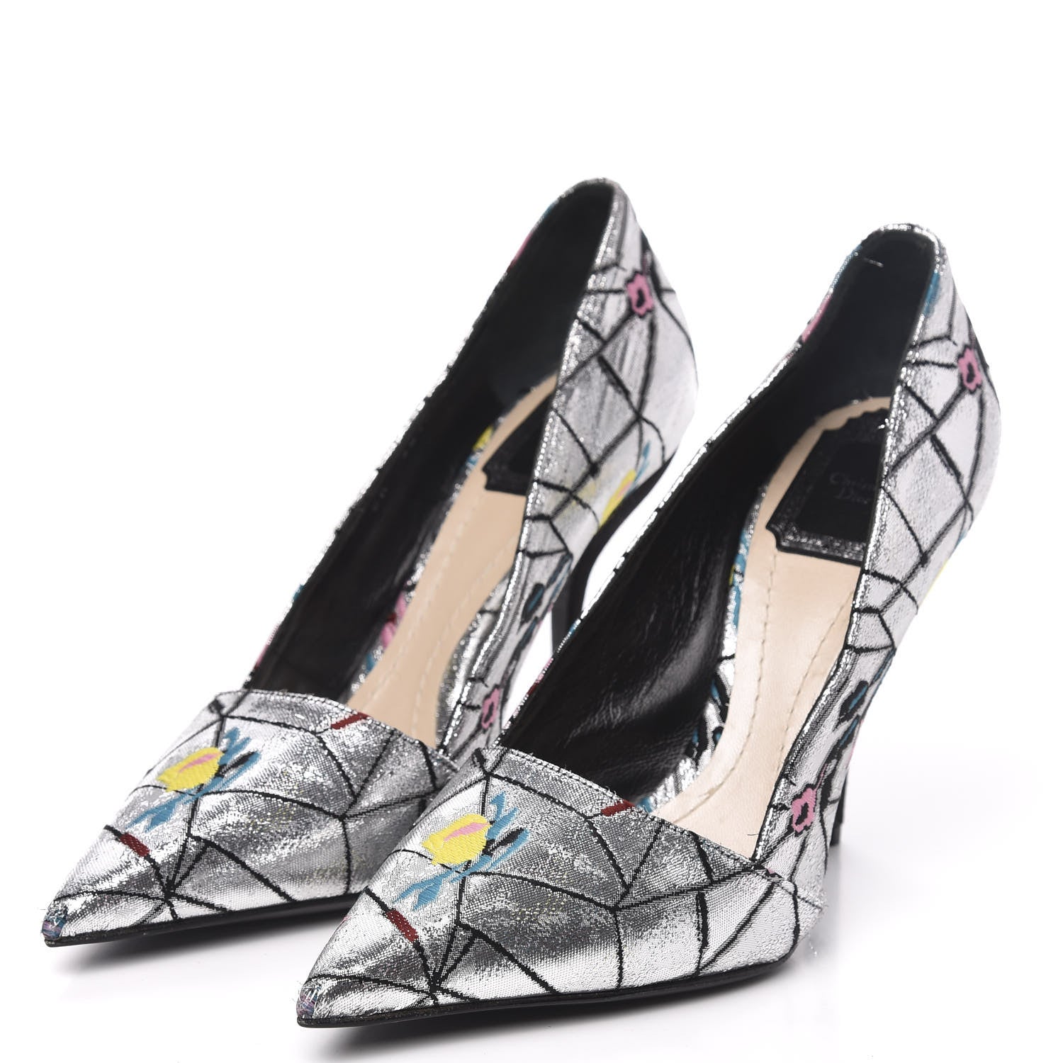 Christian Dior Lurex Embroidered Floral Pointed Toe Pumps 38 Silver Multicolor 3 of 10
