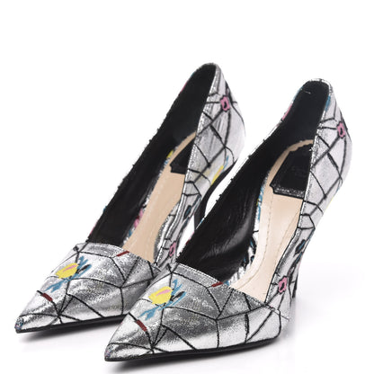 Christian Dior Lurex Embroidered Floral Pointed Toe Pumps 38 Silver Multicolor 3 of 10
