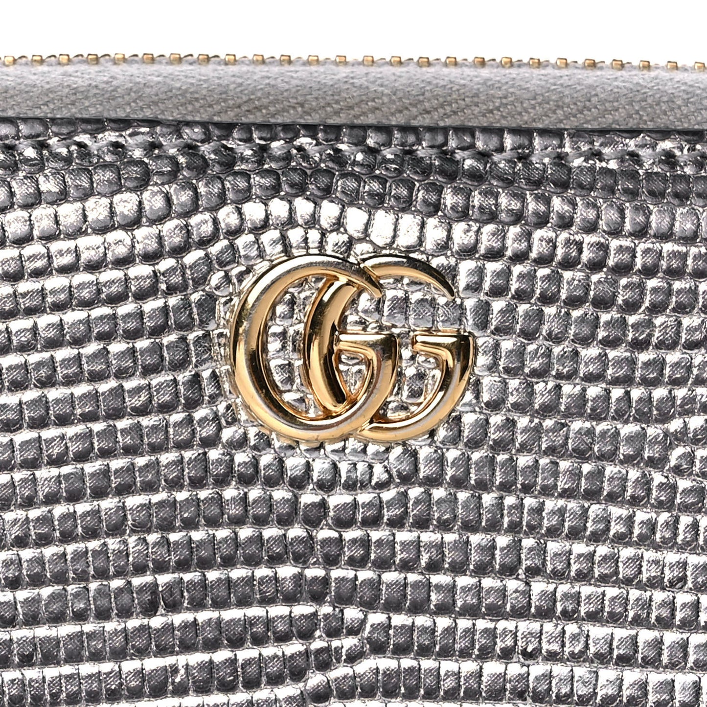 Laminated Lizard GG Marmont Zip-Around Wallet Silver