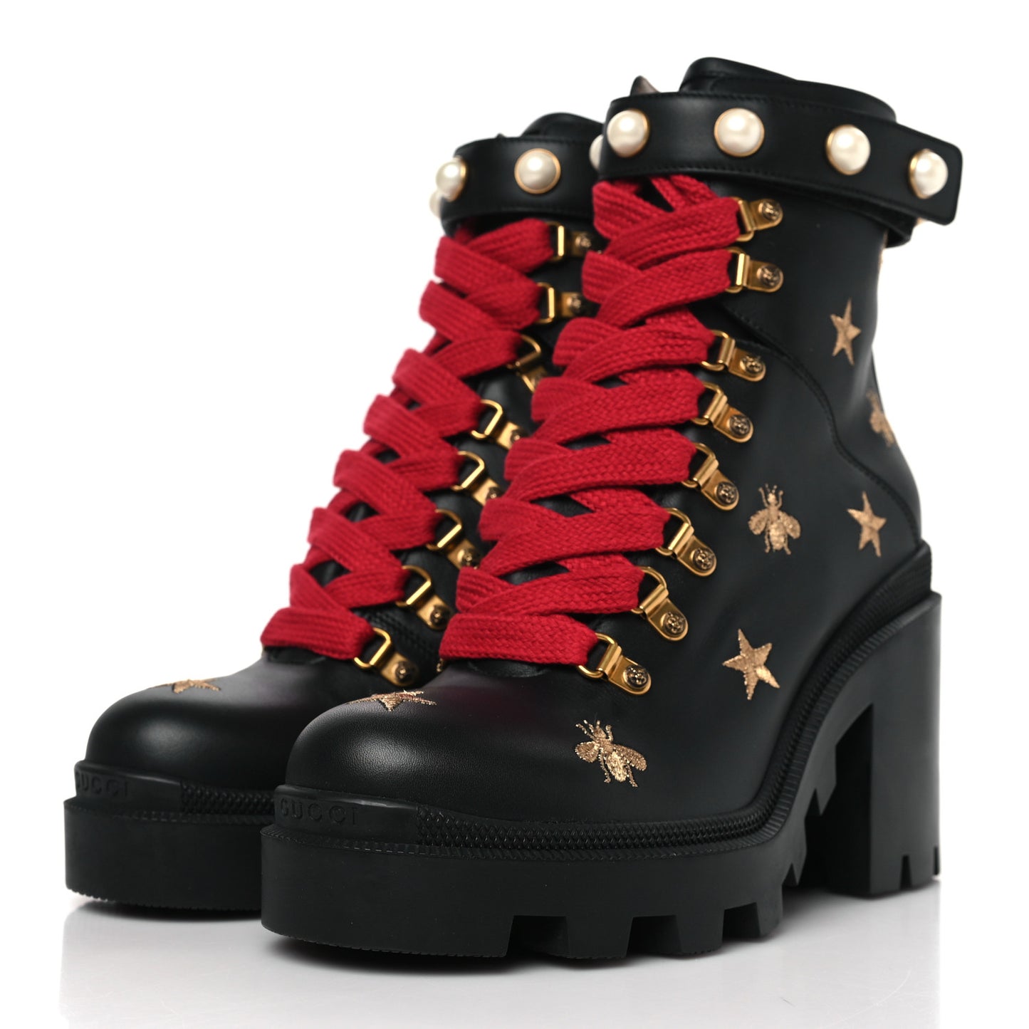 Calfskin Embroidered Lace Up Combat Ankle Boots 38 Black