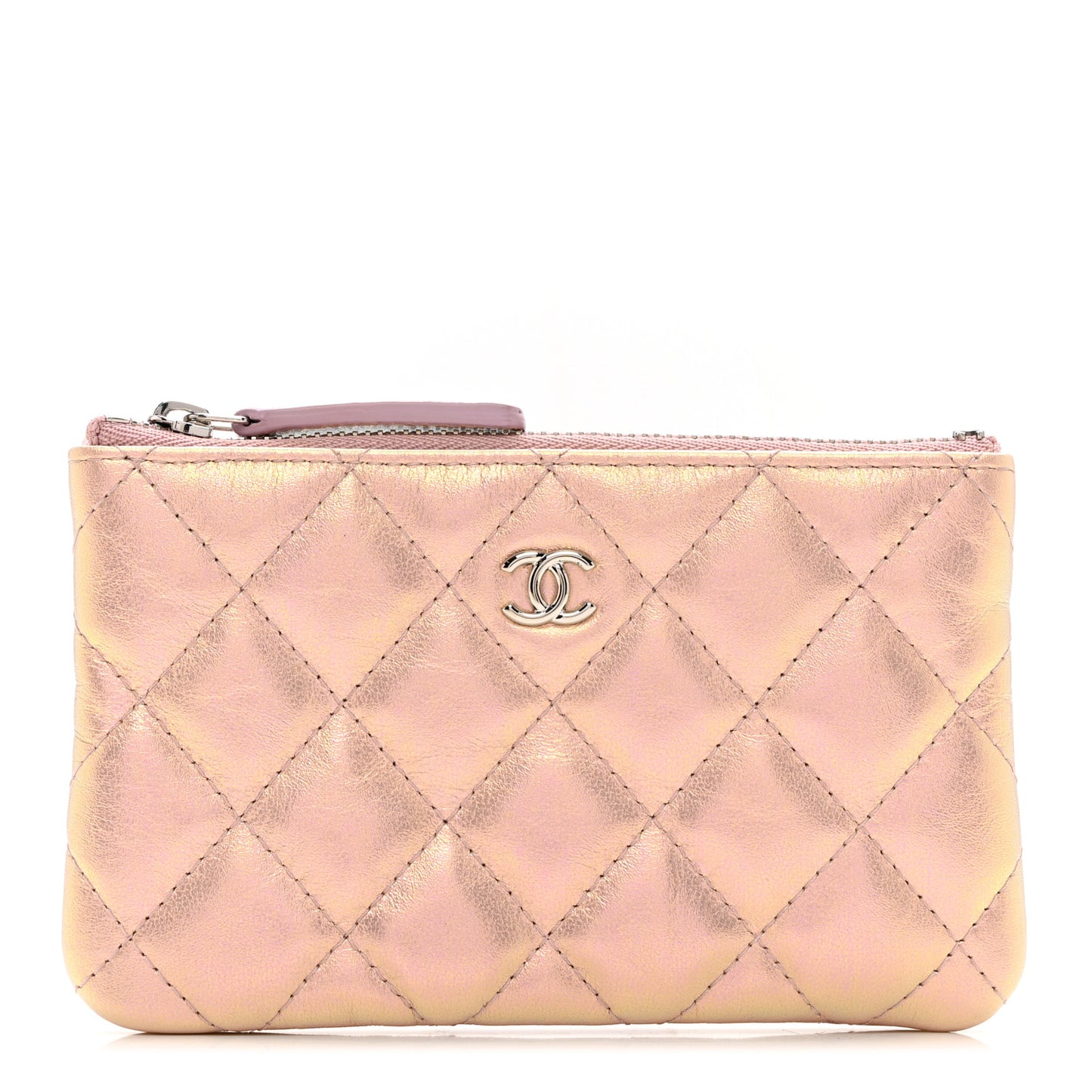 Iridescent Calfskin Quilted Small Cosmetic Case Pink