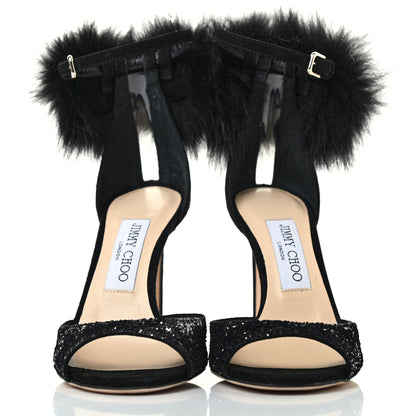 Jimmy Choo Velvet Fox Fur Suri 100 Ankle Strap Sandals 36.5 Anthracite Black 2 of 7