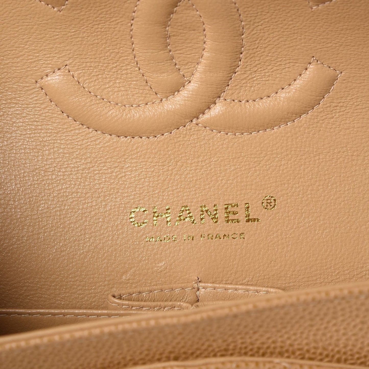 Caviar Quilted Medium Double Flap Beige