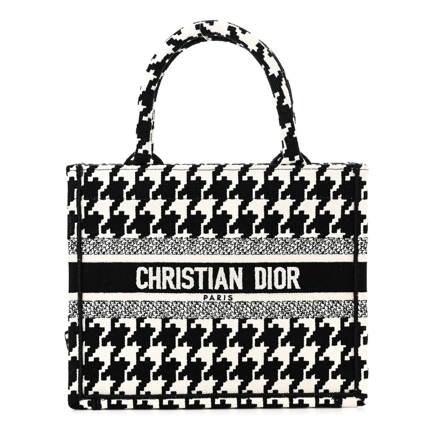 Canvas Houndstooth Embroidered Small Book Tote Black White