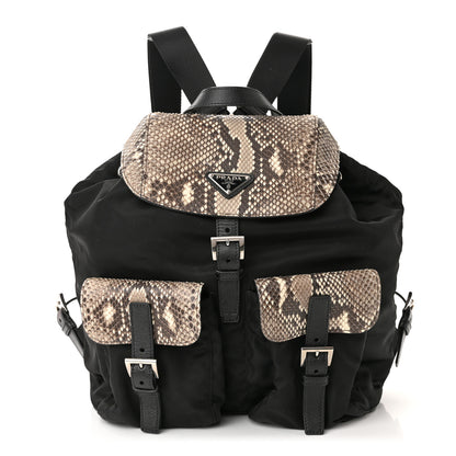 Prada Tessuto Nylon Snakeskin Saffiano Medium Backpack Black Roccia 1 of 11