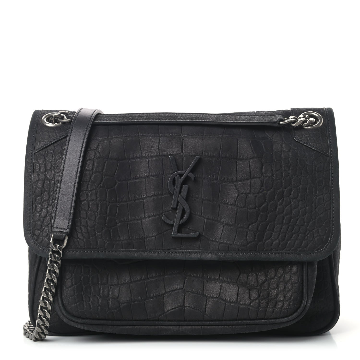 Saint Laurent Nubuck Crocodile Embossed Monogram Medium Niki Chain Satchel Black 1 of 10