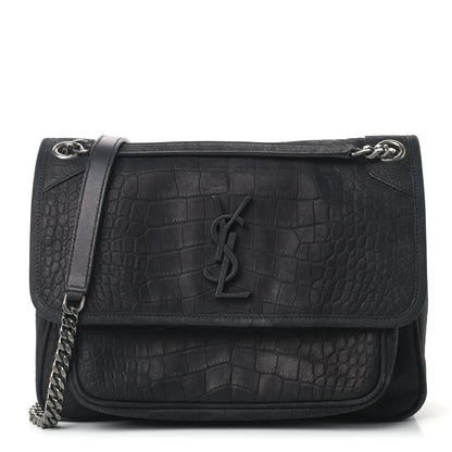 Saint Laurent Nubuck Crocodile Embossed Monogram Medium Niki Chain Satchel Black 1 of 10