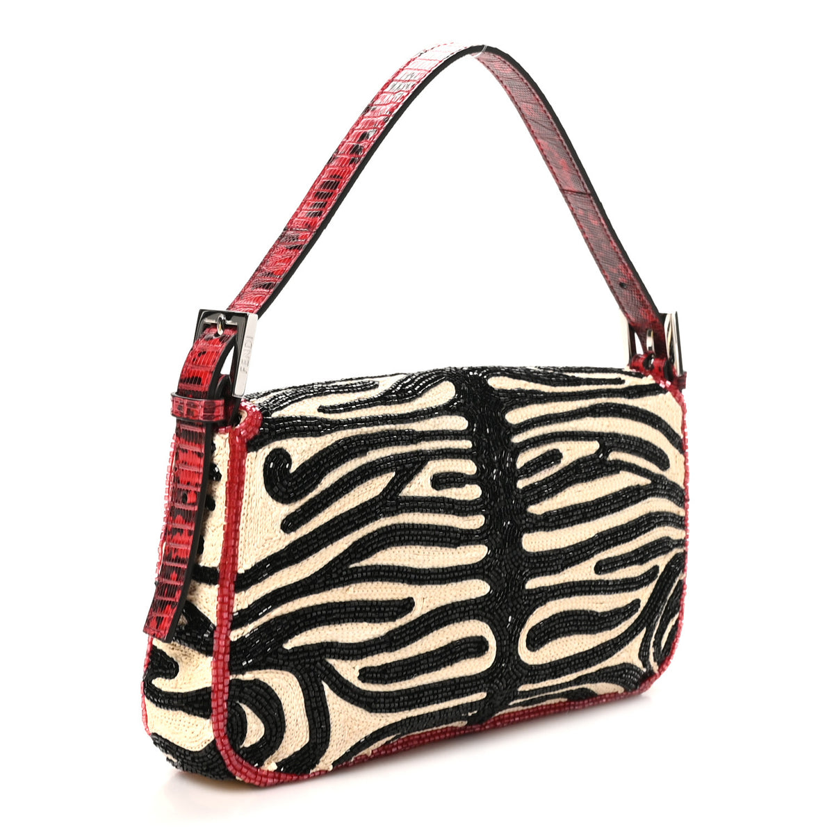 Silk Lizard Raffia Embroidery Tiger Print Baguette Re Edition 26424 Black Natural Dark Red