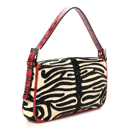 Fendi Silk Lizard Raffia Embroidery Tiger Print Baguette Re Edition 26424 Black Natural Dark Red 3 of 10