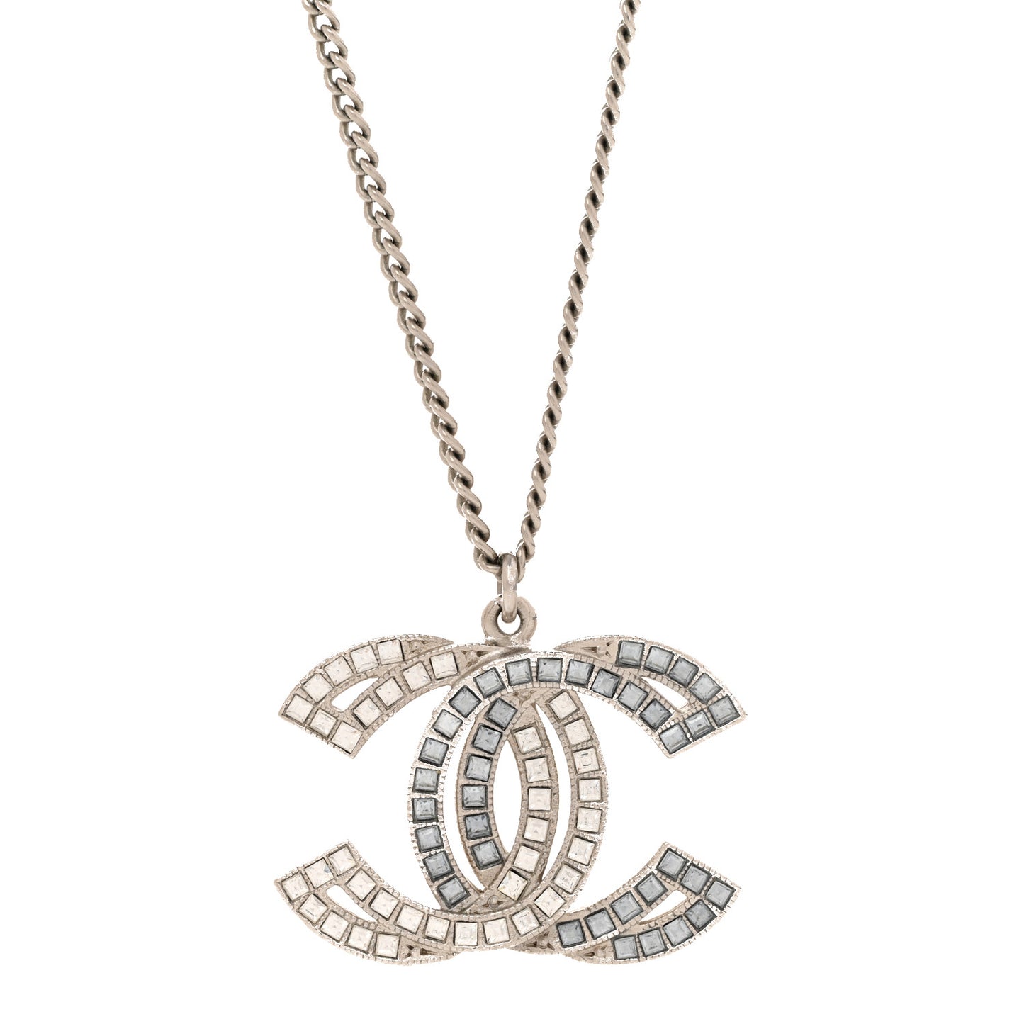 Metal Crystal Baguette CC Pendant Necklace Silver