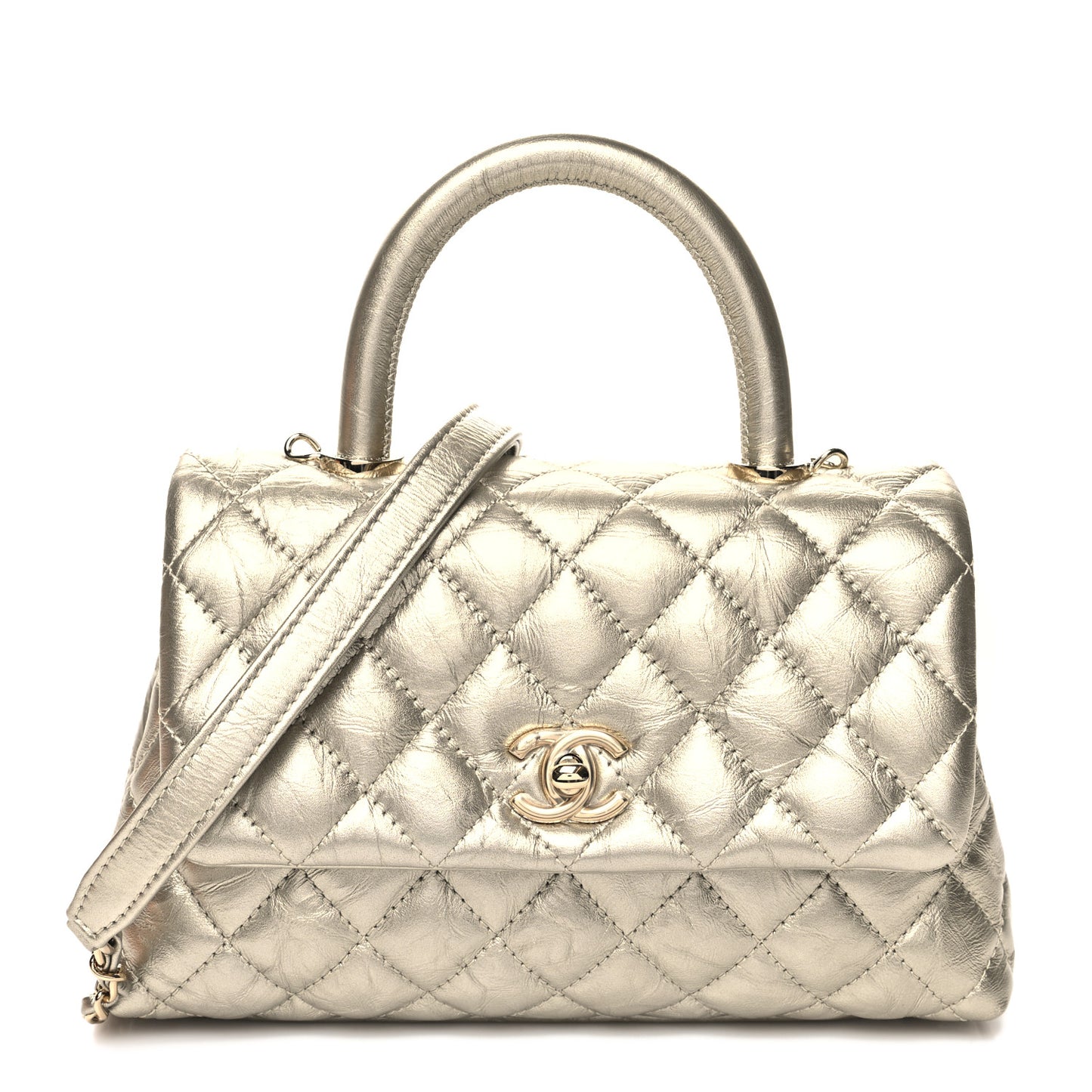 Metallic Aged Calfskin Quilted Mini Coco Handle Flap Gold