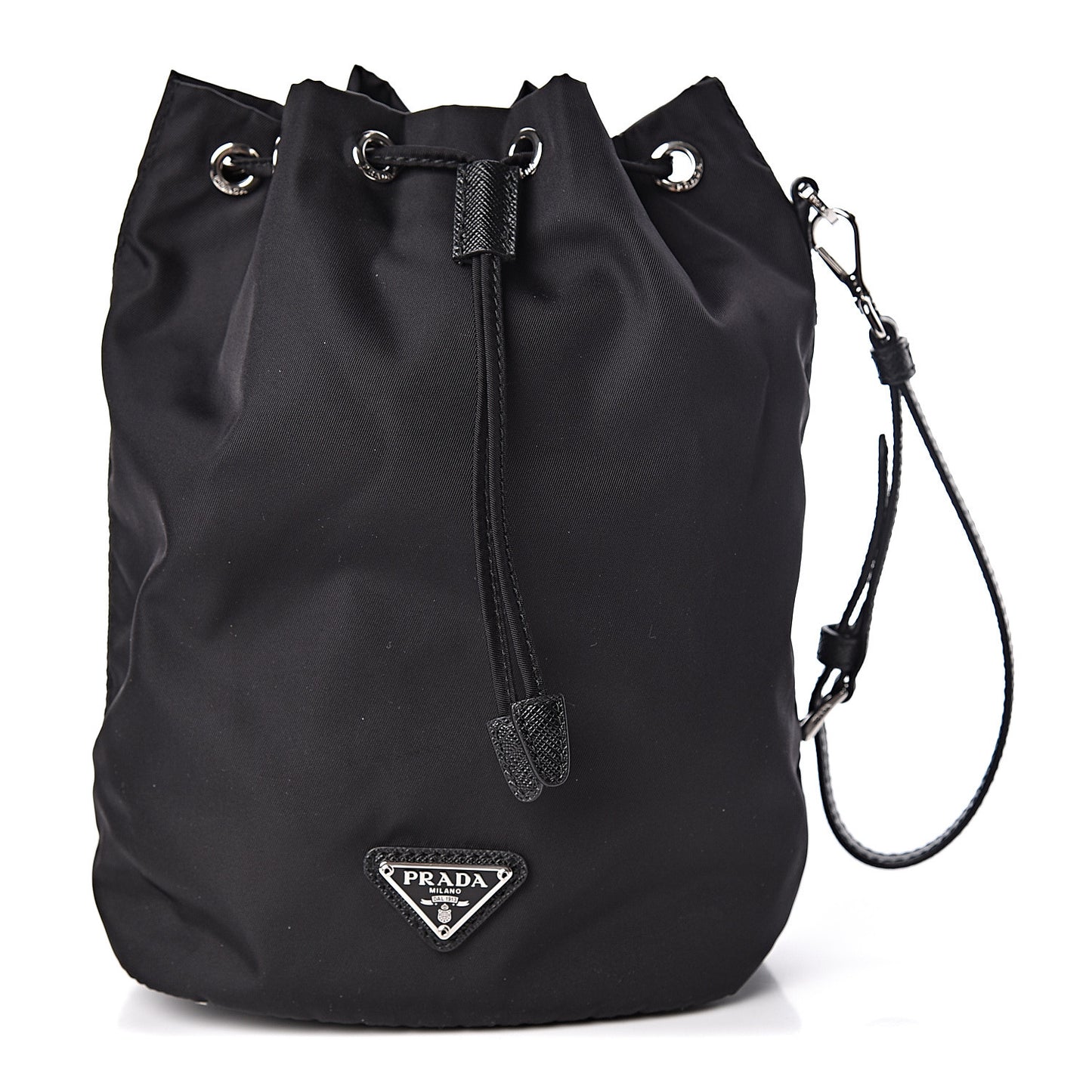 Saffiano Tessuto Nylon Vela Bucket Wristlet Black