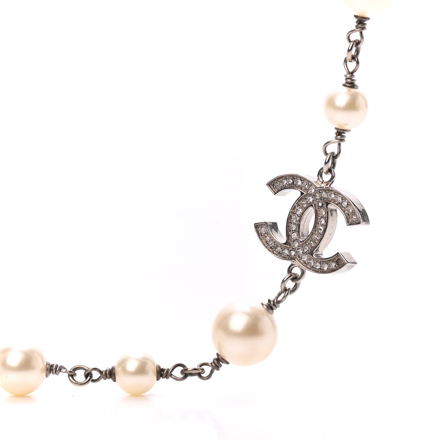 Chanel Crystal Pearl CC Long Necklace Silver 3 of 4