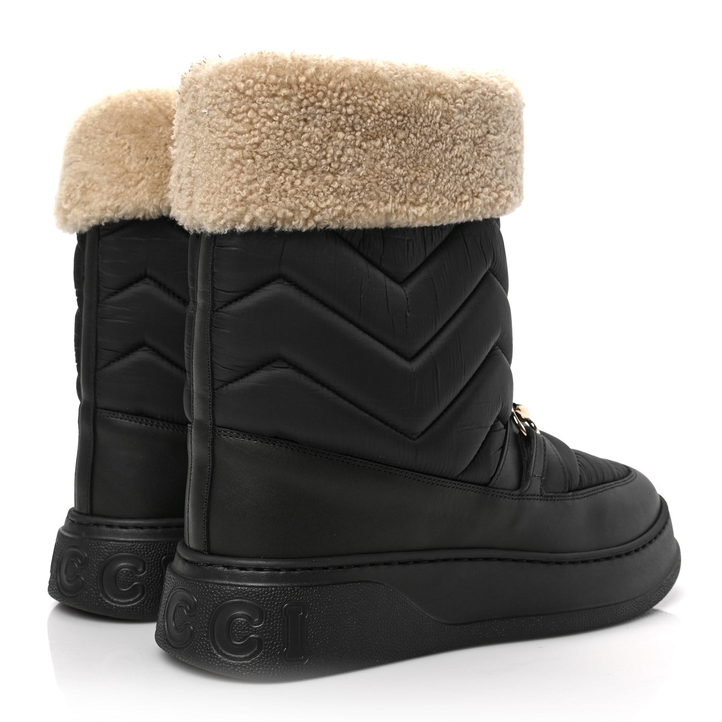 Nylon Quebec Calfskin Wool Chevron Quilted Mens Horsebit Snow Boots 9 Black Butterscotch