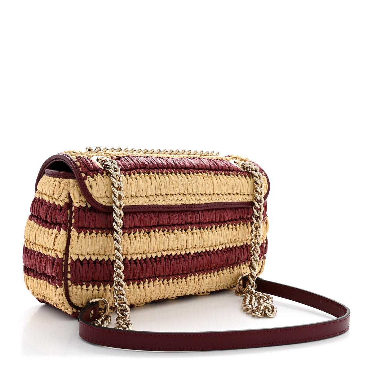 Gucci Calfskin Raffia Woven Striped Small GG Marmont Shoulder Bag Natural Burgundy 3 of 10