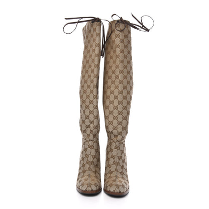 Gucci Monogram Lisa Mid Heel Boots 37 Beige Ebony 2 of 6