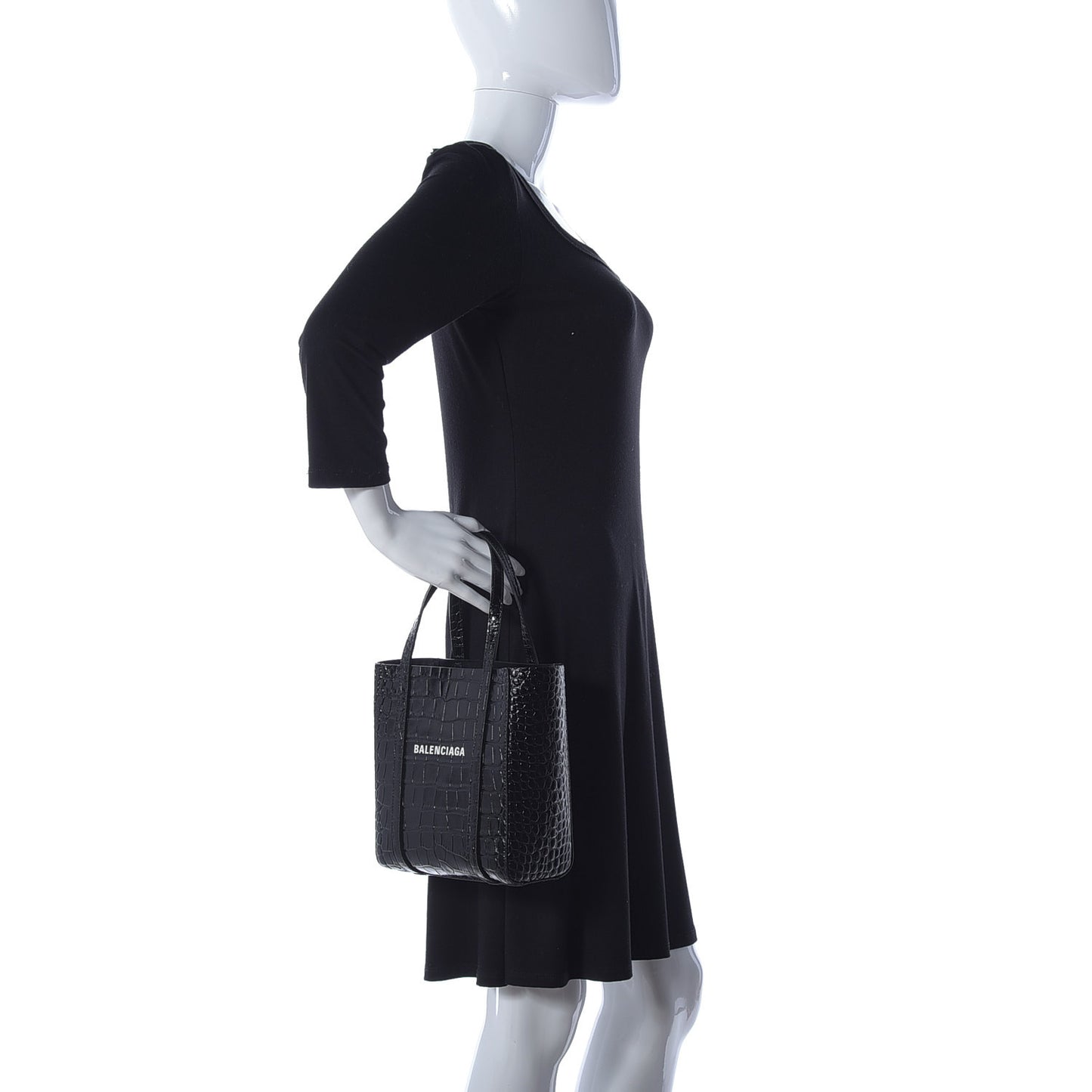 Shiny Calfskin Logo Crocodile Embossed XXS Everyday Tote Black