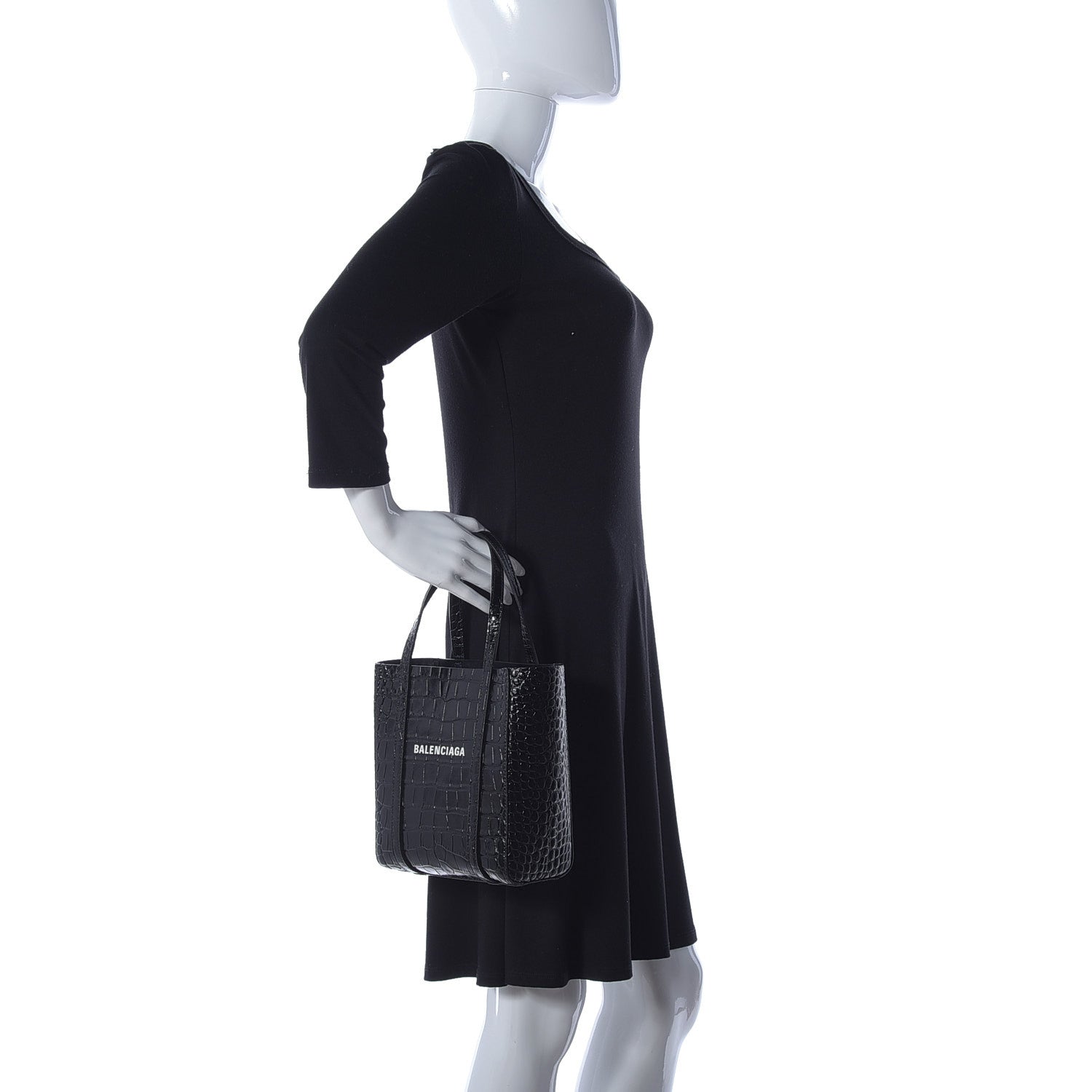 Balenciaga Shiny Calfskin Logo Crocodile Embossed XXS Everyday Tote Black 3 of 10