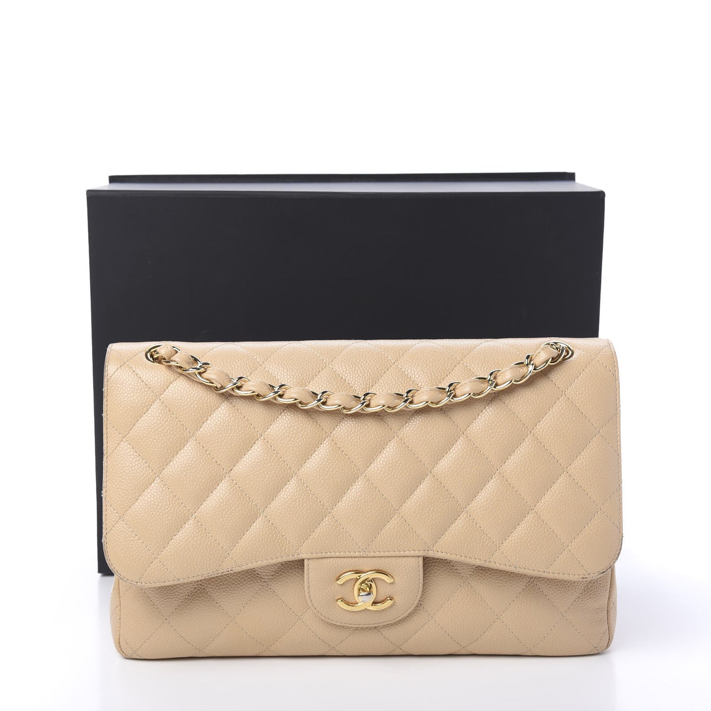 Caviar Quilted Jumbo Double Flap Light Beige