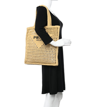 Prada Yarn Raffia Effect Crochet Logo Embroidered Tote Bag Naturale 2 of 10