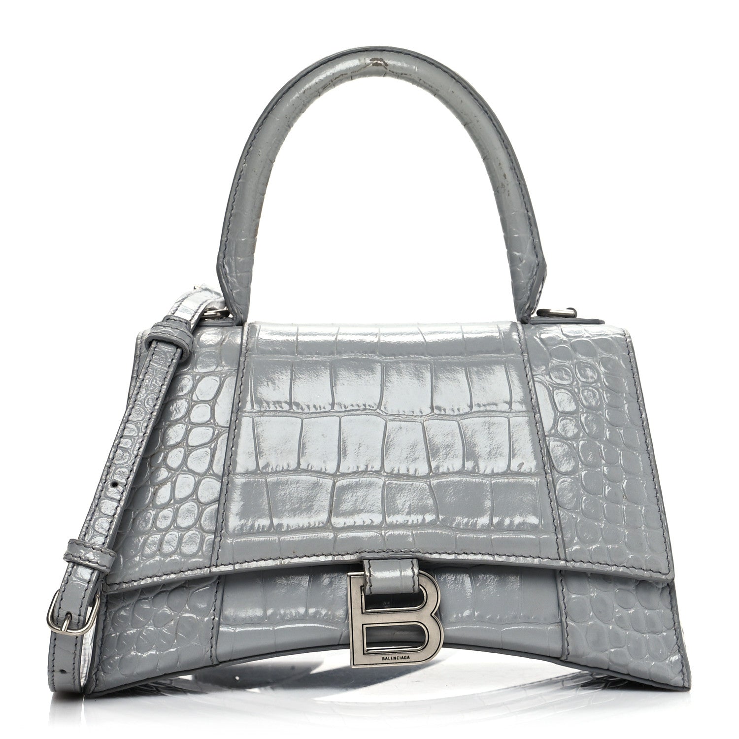 Balenciaga Shiny Calfskin Crocodile Embossed Small Hourglass Top Handle Bag Balenciaga Grey 1 of 13