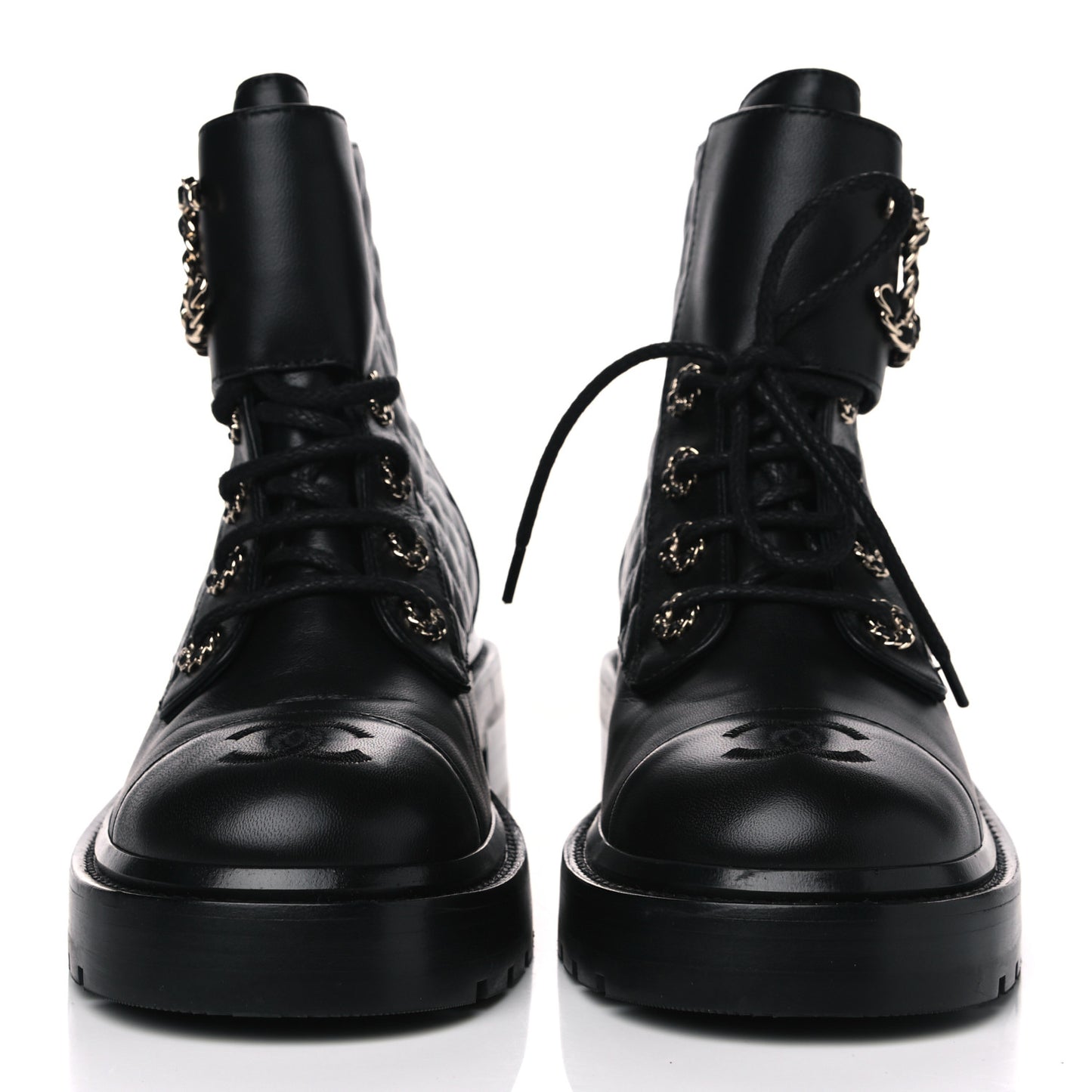 Shiny Lambskin Quilted Lace Up Combat Boots 37 Black