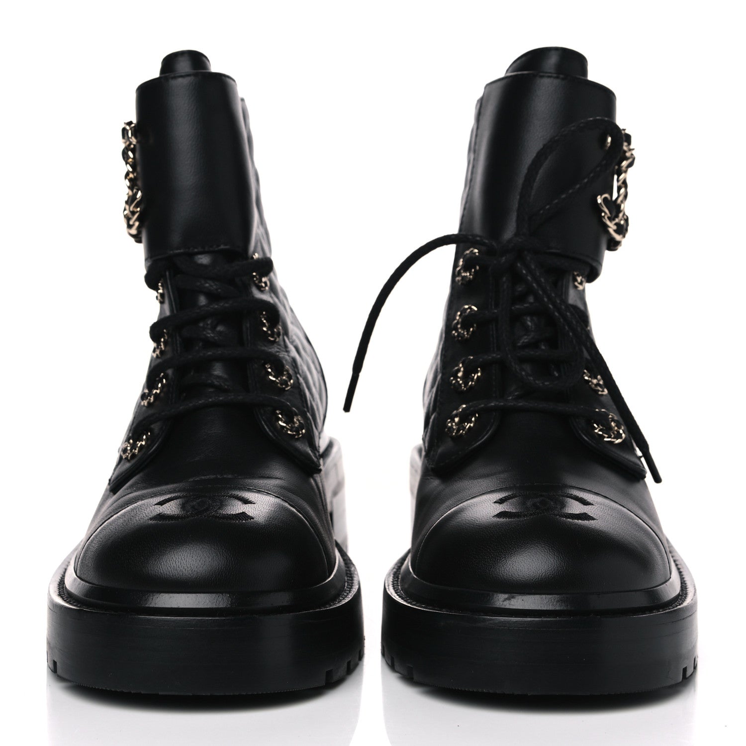 Chanel Shiny Lambskin Quilted Lace Up Combat Boots 37 Black 2 of 5
