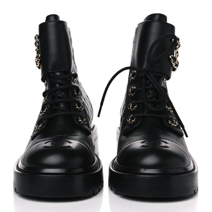 Chanel Shiny Lambskin Quilted Lace Up Combat Boots 37 Black 2 of 5
