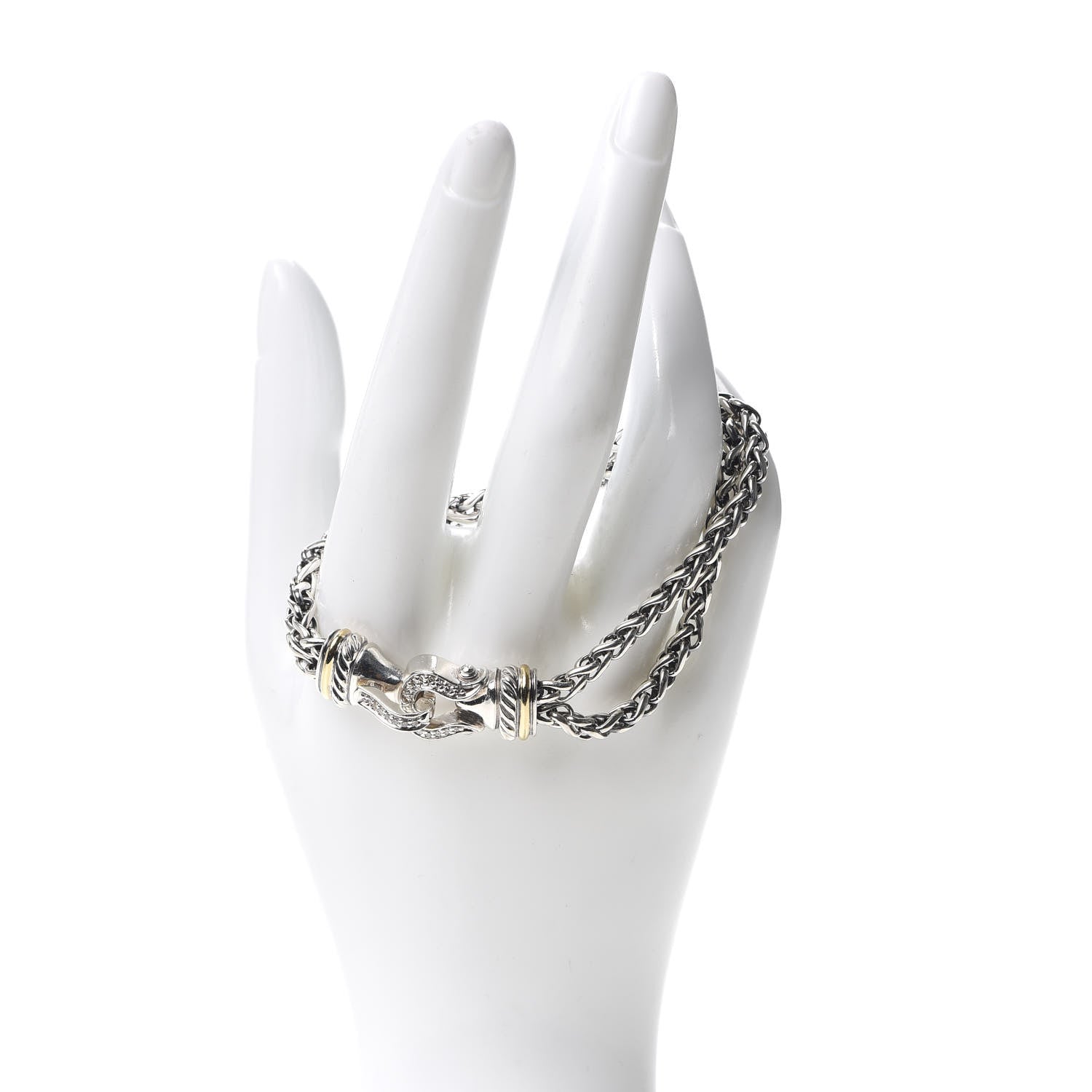 David Yurman Sterling Silver 18K Yellow Gold Diamond Double Wheat Buckle Bracelet 2 of 5
