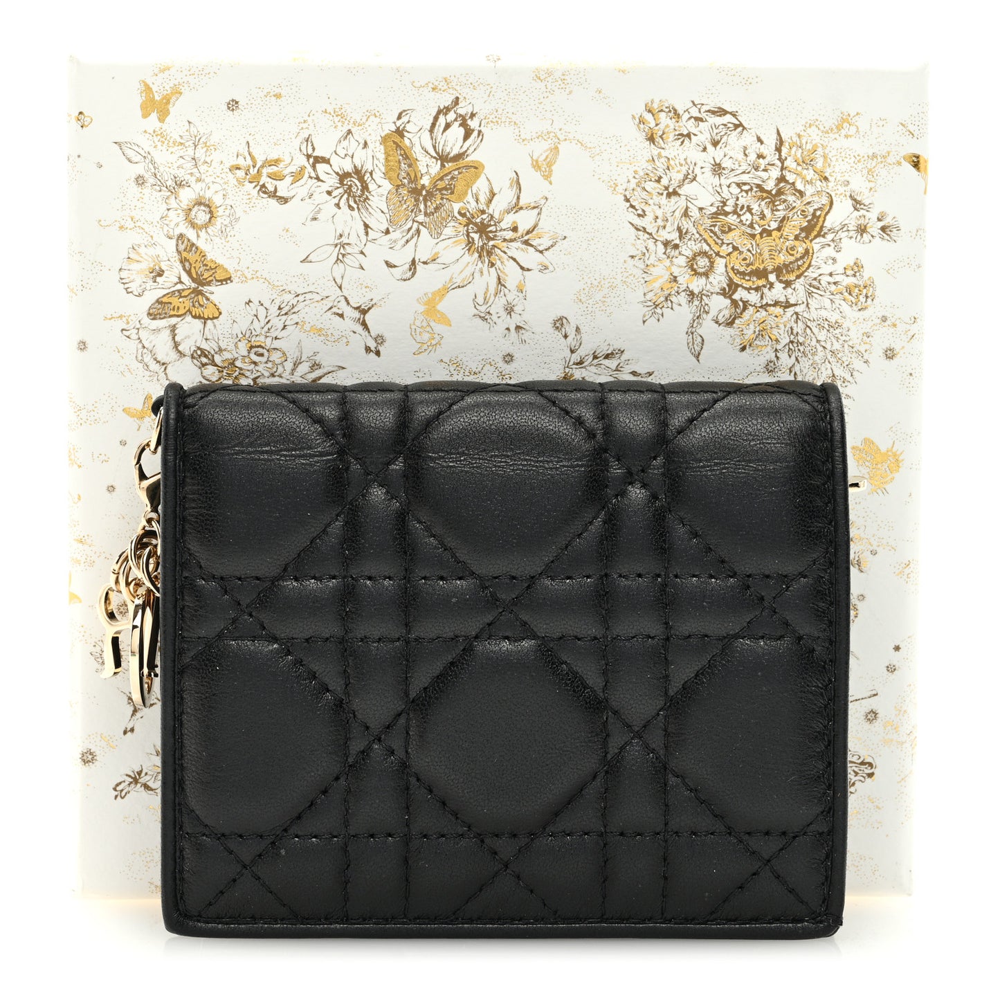 Lambskin Cannage Small Lady Dior Flap Card Holder Black