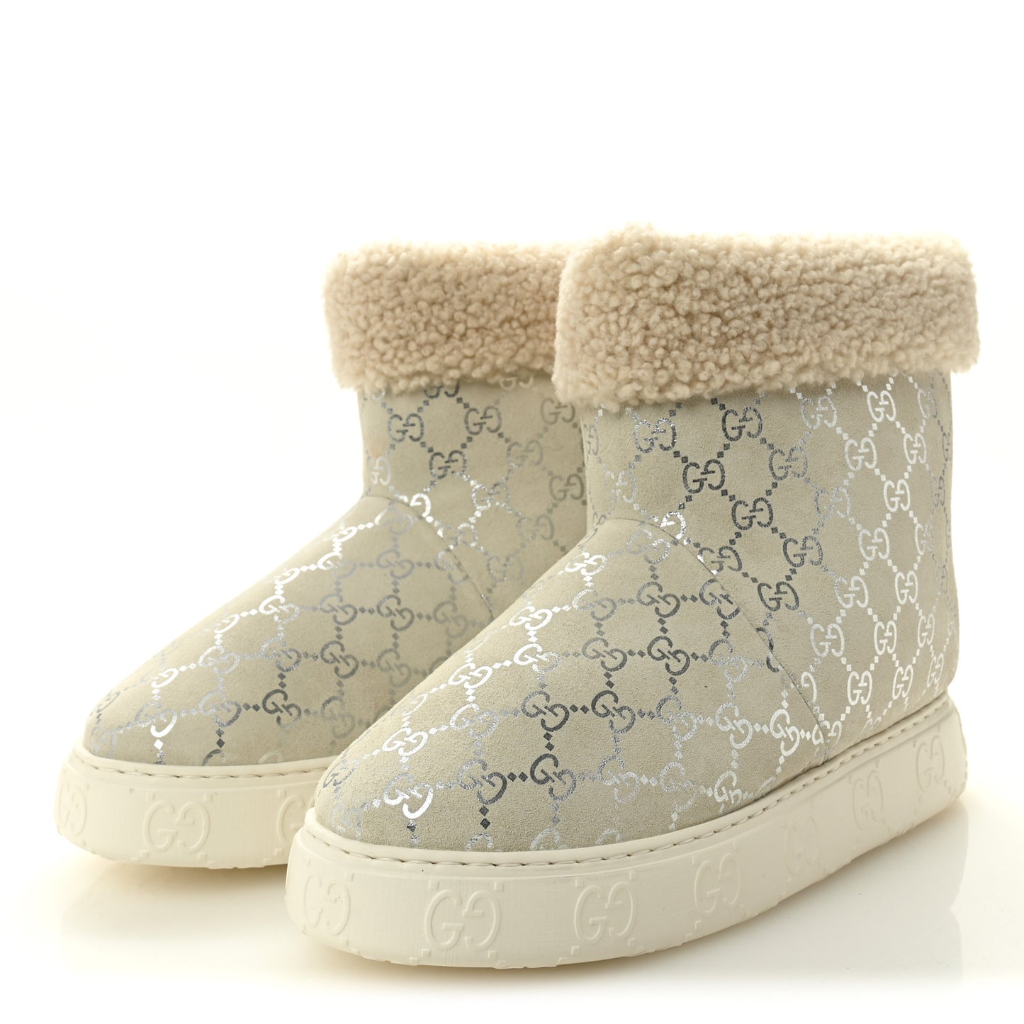 Suede Shearling Monogram Womens Prestige Booties 40 Grey Silver