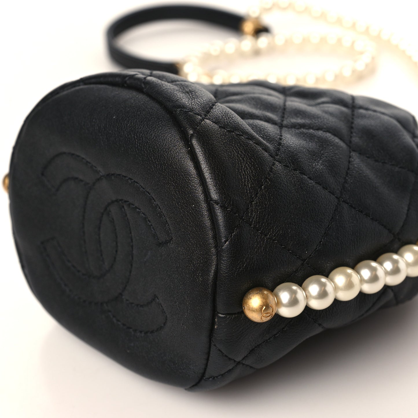 Calfskin Quilted Pearl Mini About Pearls Drawstring Bucket Bag Black